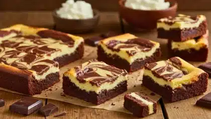 Carrés de brownie cheesecake marbré au chocolat, moelleux et sans gluten, disposés sur une planche en bois avec des morceaux de chocolat noir.