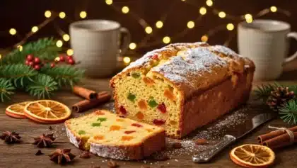 Cake aux fruits confits moelleux et citronné, décoré de sucre glace, sur une table de Noël avec épices et décorations festives.