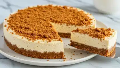 Cheesecake sans cuisson au spéculoos, avec une part découpée montrant la base croustillante et la mousse crémeuse.