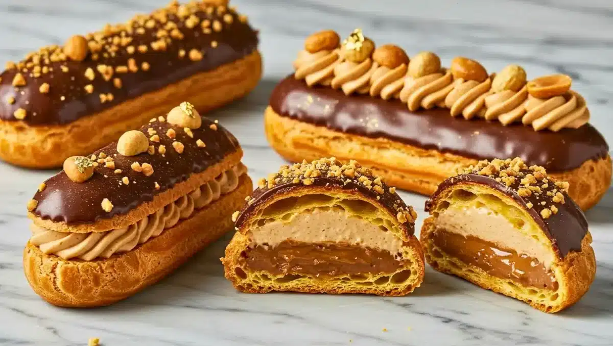 Éclairs garnis caramel et crème chocolat, glacés au chocolat brillant avec éclats de cacahuètes, dont certains sont coupés pour montrer la double garniture.