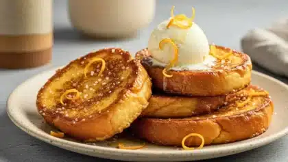 Pain perdu caramélisé au beurre demi-sel, servi avec zestes d’orange et une boule de glace vanille sur des tranches dorées et moelleuses.