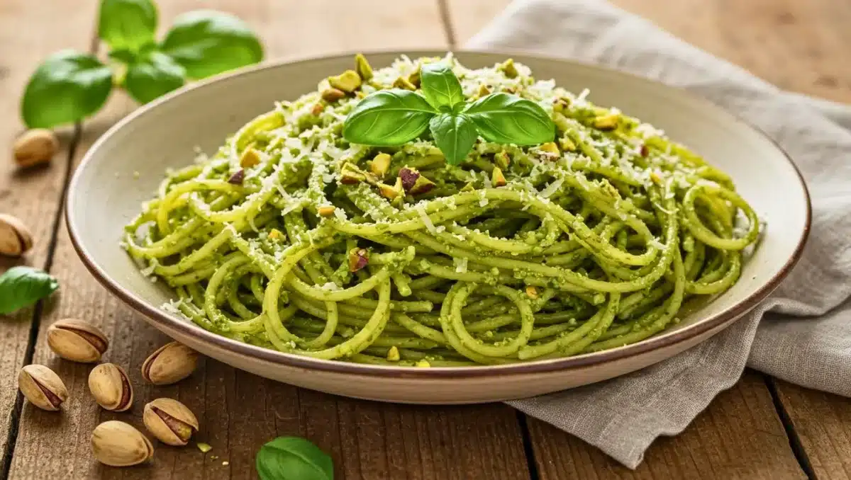 Assiette de spaghetti nappés de pesto de basilic, garnis de parmesan râpé et de pistaches concassées, sur une table en bois rustique.