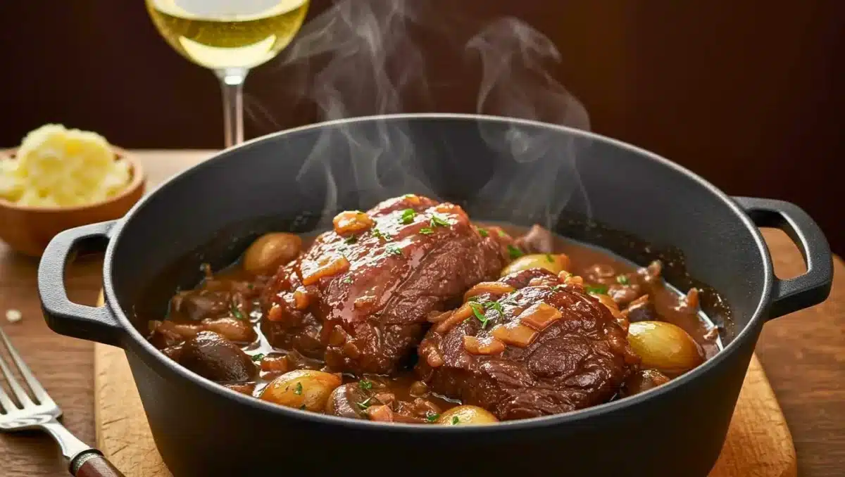 Cocotte de sauté de veau mijoté avec morceaux de viande fondants, champignons, oignons et sauce brune fumante.