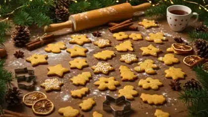 Biscuits de Noël maison en forme d’étoiles, sapins et bonshommes, avec glaçage et décorations festives