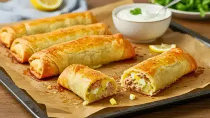 Cigares croustillants au thon et pomme de terre, dorés au four, dont un coupé en deux révélant une farce moelleuse au thon, œufs et pommes de terre.