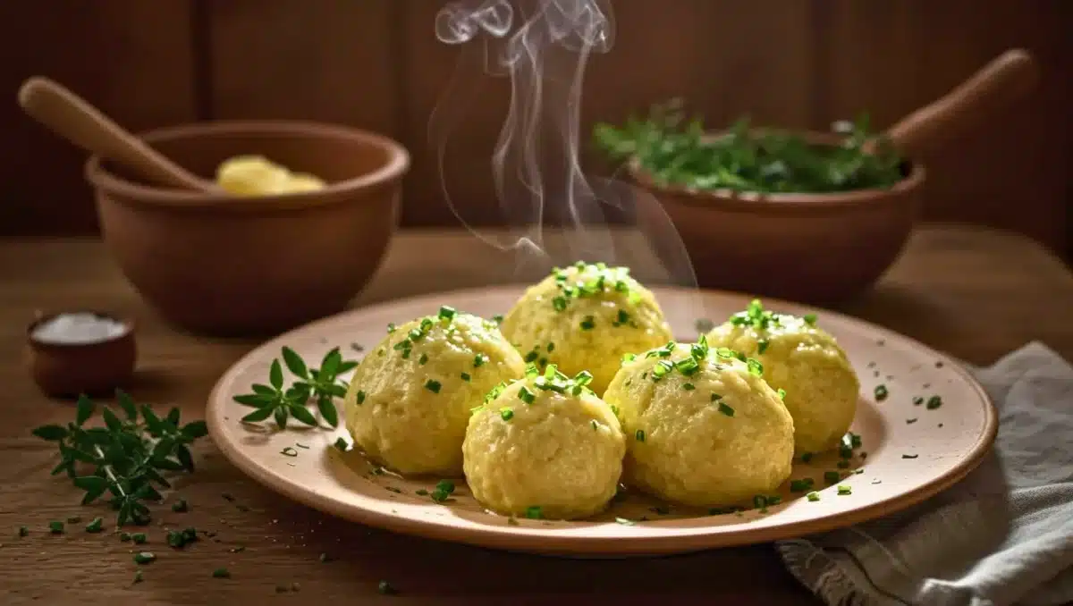 Assiette de Knödel maison fumants, saupoudrés de ciboulette fraîche, avec bols d’herbes en arrière-plan sur une table rustique.