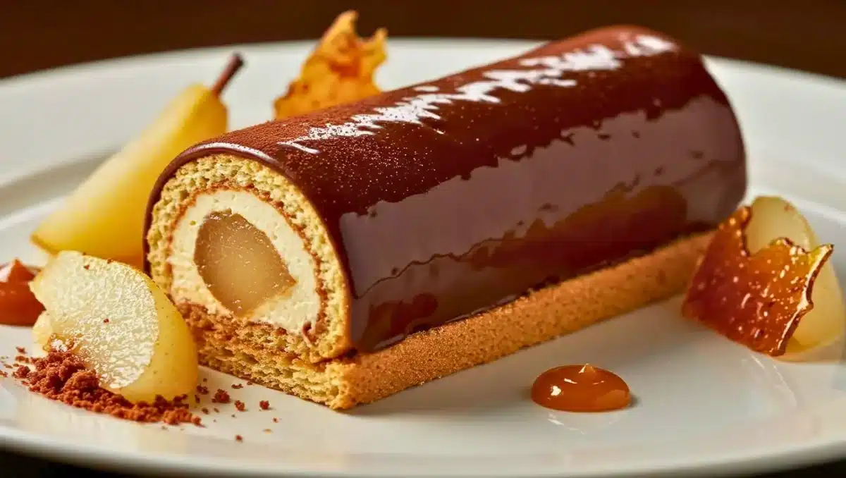 Bûche poire-chocolat avec glaçage brillant, cœur de poire et décor caramel sur assiette blanche.