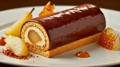 Bûche poire-chocolat avec glaçage brillant, cœur de poire et décor caramel sur assiette blanche.