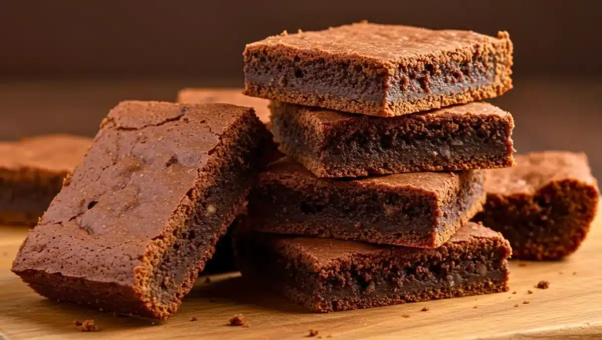 Brownies fondants au chocolat avec beurre salé et café, coupés en carrés et empilés sur une planche en bois.
