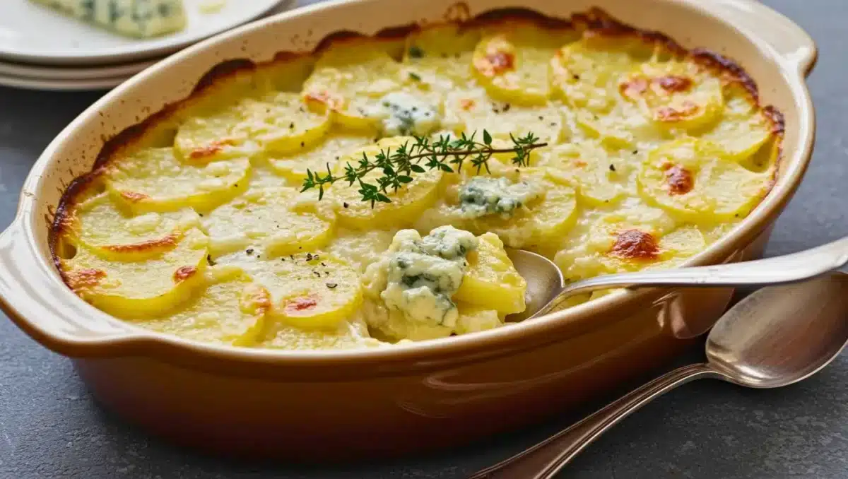 Gratin de pommes de terre au bleu d’Auvergne, crémeux et doré, servi dans un plat en terre cuite avec une cuillère.