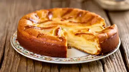 Fondant aux poires maison avec croûte dorée, coupé pour dévoiler sa texture moelleuse.