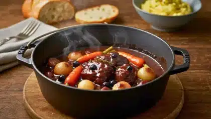 Bœuf bourguignon revisité dans une cocotte en fonte, avec carottes, oignons glacés et baies, nappé d’une sauce au vin rouge et servi chaud sur une table en bois.