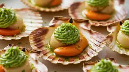 Noix de Saint-Jacques servies dans leur coquille avec un beurre d’herbes monté en rosace et leur corail.