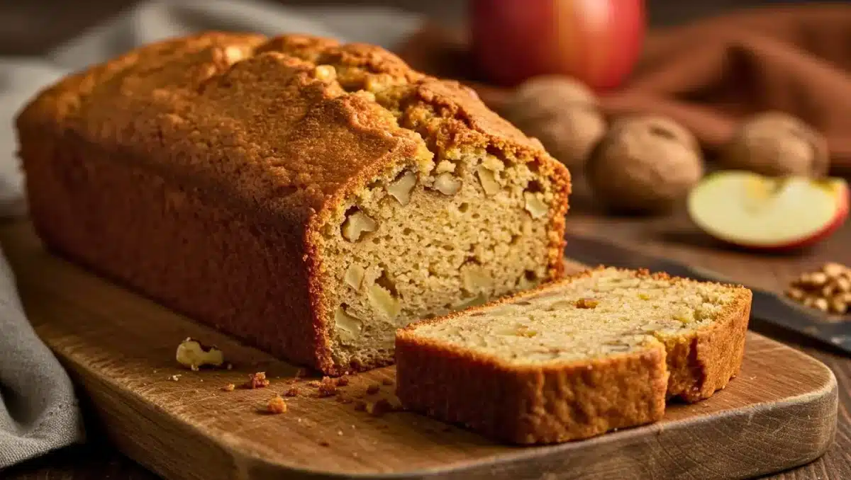 Cake pomme-noix doré et moelleux posé sur une planche en bois, avec une tranche coupée et des morceaux de pomme et de noix autour.