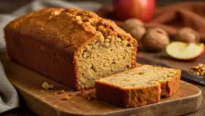 Cake pomme-noix doré et moelleux posé sur une planche en bois, avec une tranche coupée et des morceaux de pomme et de noix autour.