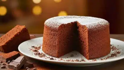 Gâteau moelleux au chocolat saupoudré de sucre glace, servi sur une assiette blanche avec des éclats de chocolat et une tranche coupée.