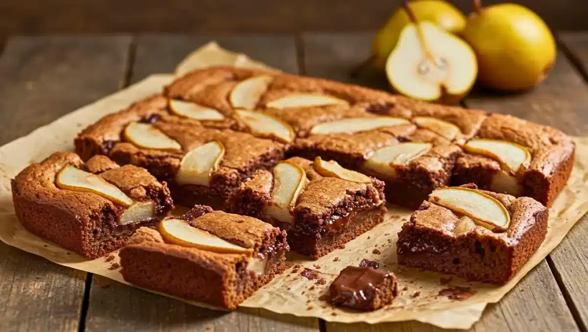 Carré poire–chocolat découpé en portions, avec intérieur fondant au chocolat et lamelles de poire visibles sur le dessus.