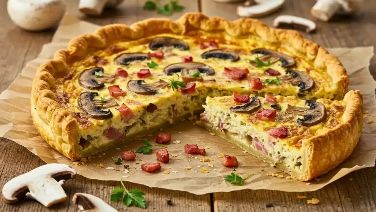Quiche dorée garnie de lardons et de champignons émincés, posée sur du papier cuisson avec une part découpée, sur une table en bois rustique.