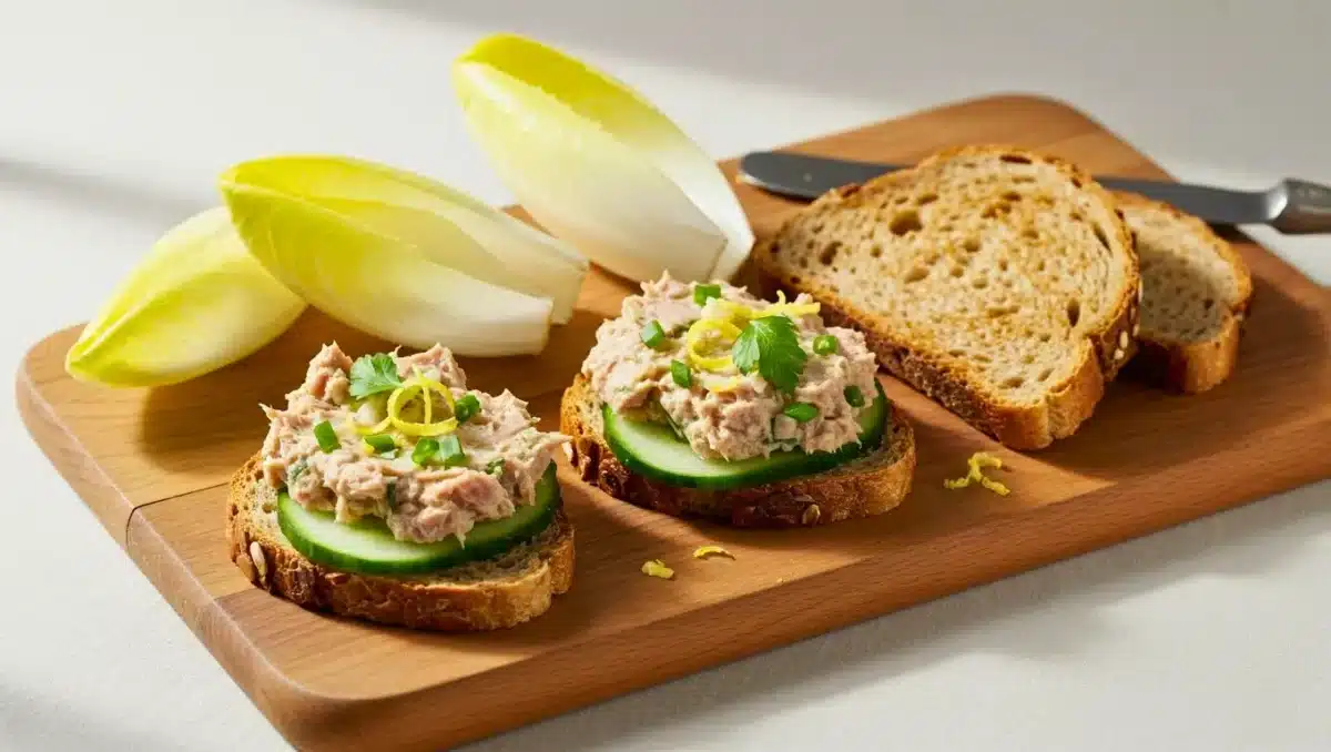 Tartines de rillettes de thon légères sur pain complet, garnies de rondelles de concombre, persil et zestes de citron, avec feuilles d’endives en arrière-plan.