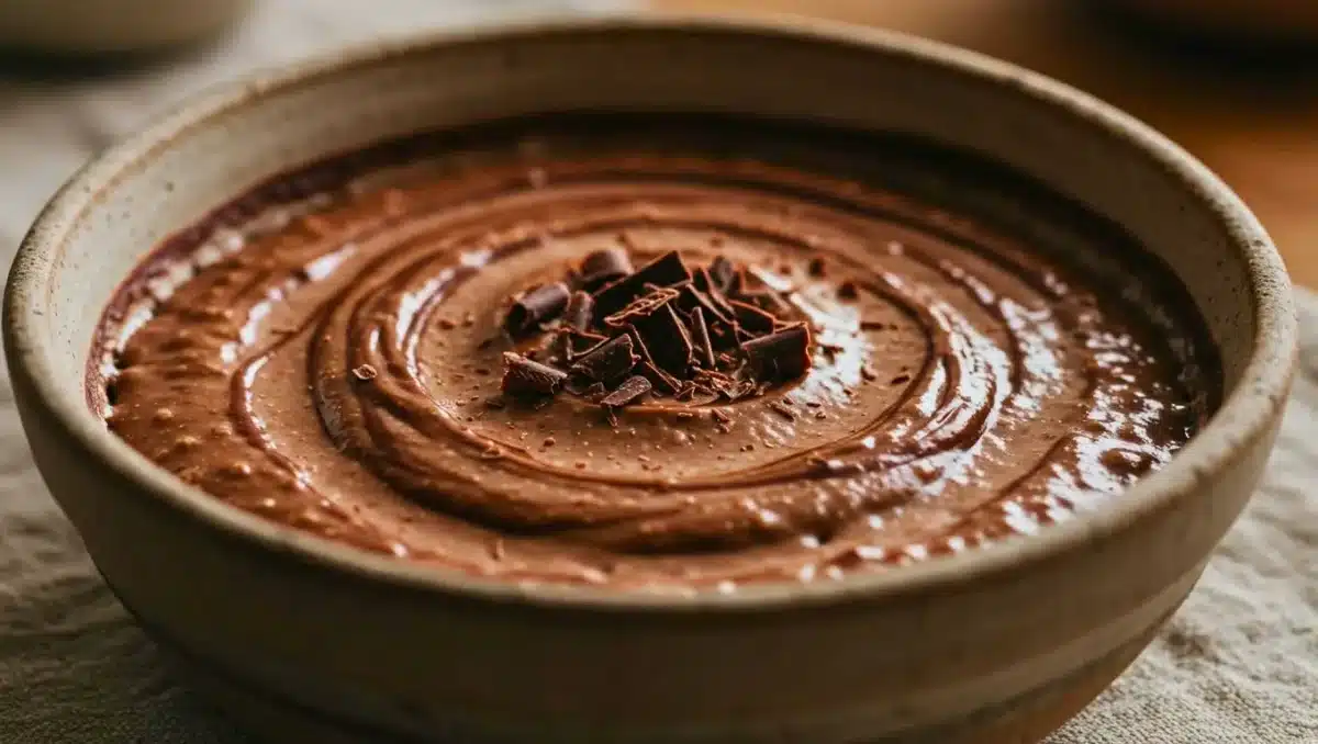 Bol de riz au lait au chocolat crémeux surmonté de copeaux de chocolat noir, dessert réconfortant et gourmand.