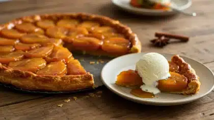Part de tarte Tatin aux kakis nappée de caramel et servie avec une boule de glace à la vanille, posée sur une assiette à côté de la tarte entière.