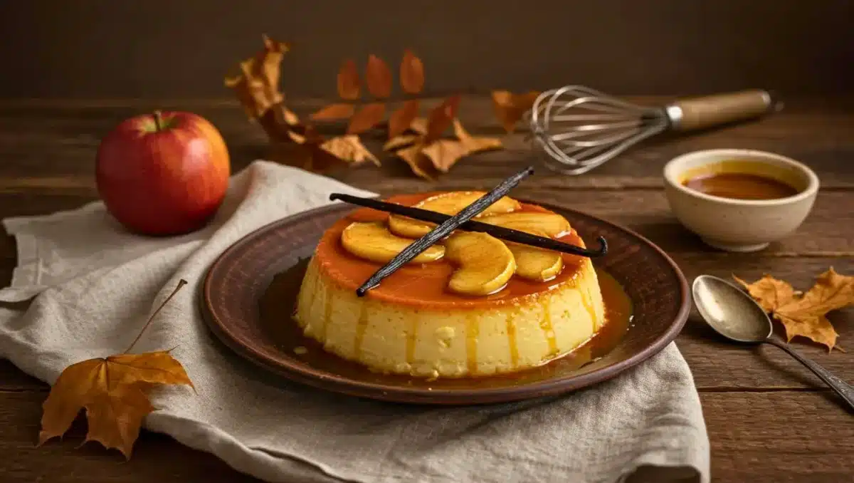 Flan doré aux pommes caramélisées et gousses de vanille, présenté sur une assiette brune, avec des feuilles d’automne et une tasse de café en arrière-plan.