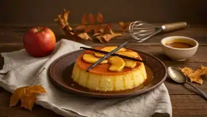 Flan doré aux pommes caramélisées et gousses de vanille, présenté sur une assiette brune, avec des feuilles d’automne et une tasse de café en arrière-plan.