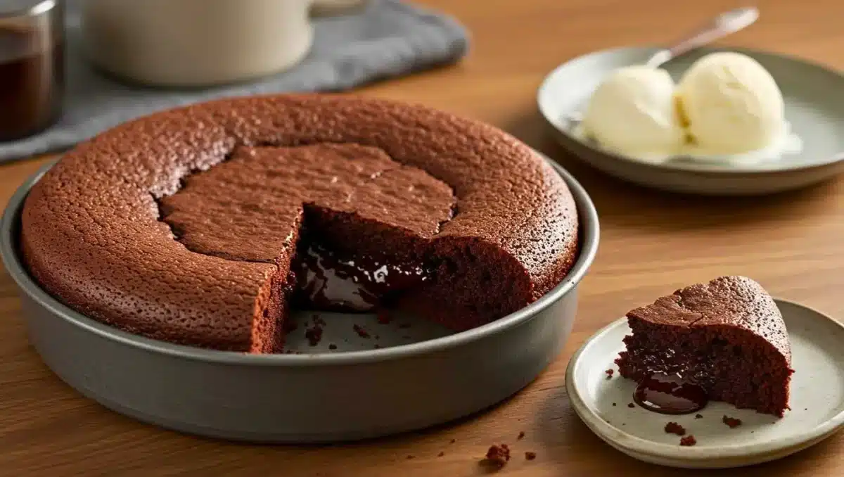Gâteau au chocolat fondant avec cœur coulant, présenté dans un moule rond, accompagné d’une part servie sur une assiette et de boules de glace vanille en arrière-plan.