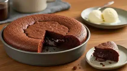 Gâteau au chocolat fondant avec cœur coulant, présenté dans un moule rond, accompagné d’une part servie sur une assiette et de boules de glace vanille en arrière-plan.