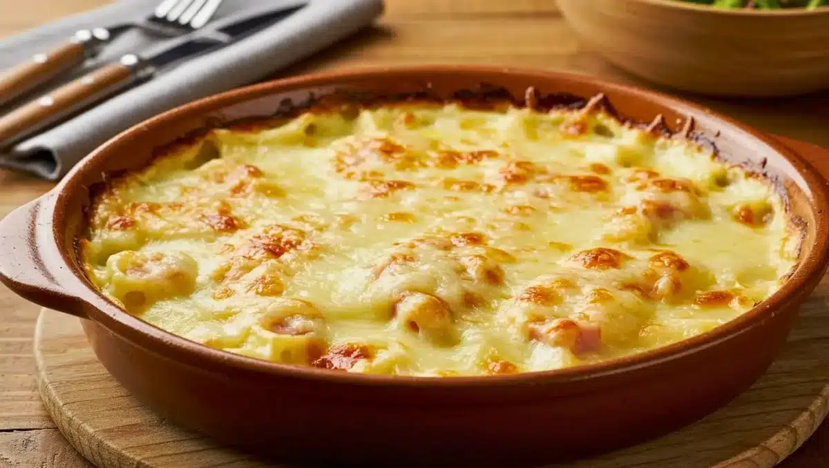 Gratin savoyard au reblochon doré et fondant dans un plat en terre cuite, prêt à être servi.