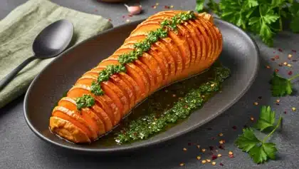 Courge butternut rôtie en fines tranches, nappée de sauce chimichurri verte et présentée sur une assiette noire avec des herbes fraîches et des épices.