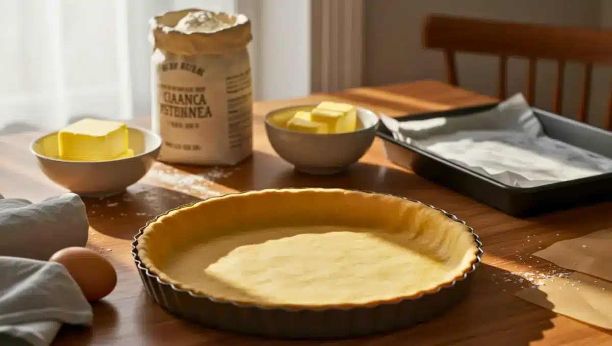 Pâte à tarte maison prête à cuire, dans un moule en métal, entourée d’ingrédients de base : farine, beurre, œuf et rouleau à pâtisserie sur une table en bois ensoleillée.