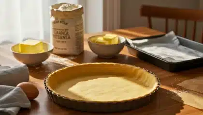 Pâte à tarte maison prête à cuire, dans un moule en métal, entourée d’ingrédients de base : farine, beurre, œuf et rouleau à pâtisserie sur une table en bois ensoleillée.