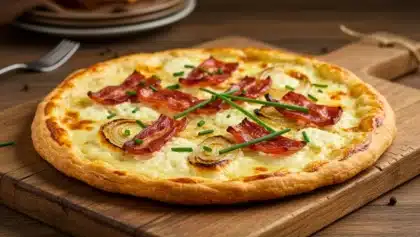 Tarte flambée alsacienne dorée, garnie de crème, oignons et lardons, servie sur une planche en bois.