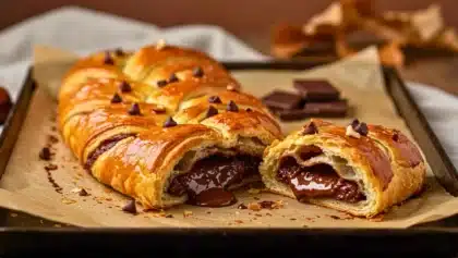 Tresse feuilletée dorée garnie de chocolat fondu, servie sur plaque de cuisson avec pépites de chocolat.