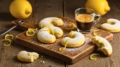Biscuits moelleux au citron en forme de croissant, saupoudrés de sucre glace, servis sur une planche avec un espresso et des zestes de citron.