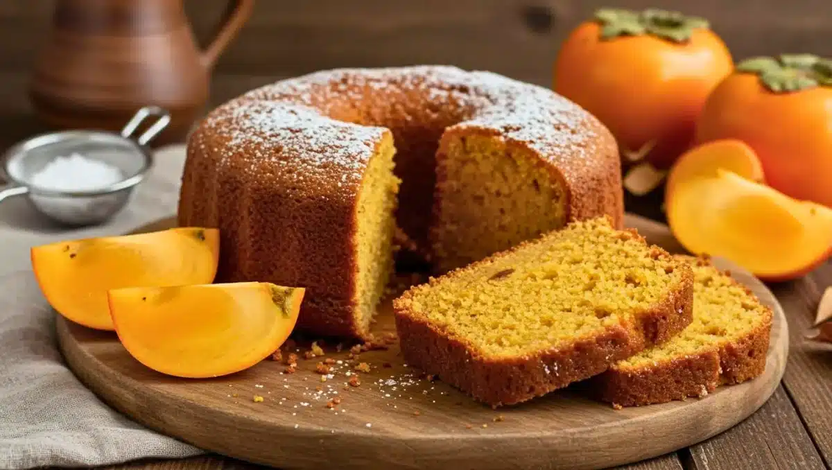 Gâteau au kaki moelleux et doré, saupoudré de sucre glace, avec des tranches de fruit frais sur une planche en bois.