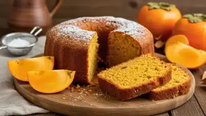 Gâteau au kaki moelleux et doré, saupoudré de sucre glace, avec des tranches de fruit frais sur une planche en bois.