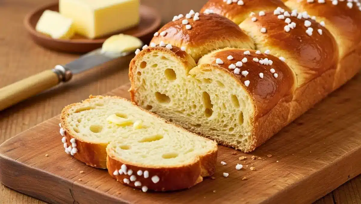 Brioche tressée dorée avec sucre perlé, tranchée sur une planche en bois et servie avec du beurre.