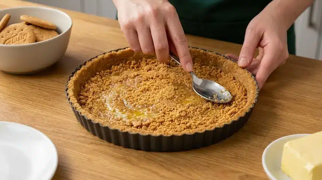 Une personne utilise le dos d'une cuillère en métal pour tasser fermement un mélange granuleux de biscuits émiettés et de beurre dans le fond d'un moule à tarte rond à charnière.