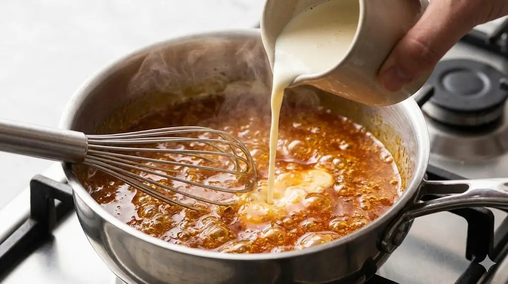 Gros plan sur une casserole en inox sur le feu. Un fouet mélange un caramel ambré bouillonnant pendant qu'une main verse délicatement de la crème liquide depuis un petit pichet, créant de la vapeur.