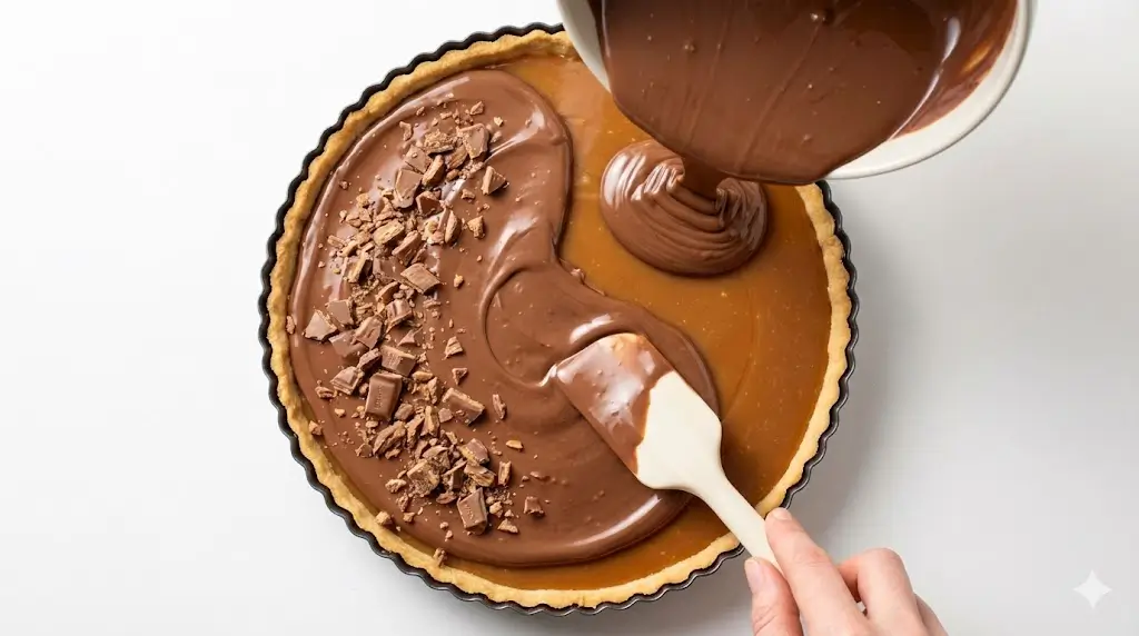 Vue de dessus montrant du chocolat au lait fondu et brillant versé depuis un bol sur le fond de tarte déjà garni de caramel. Une spatule commence à lisser le chocolat tandis que des éclats de Daim sont parsemés sur la gauche.