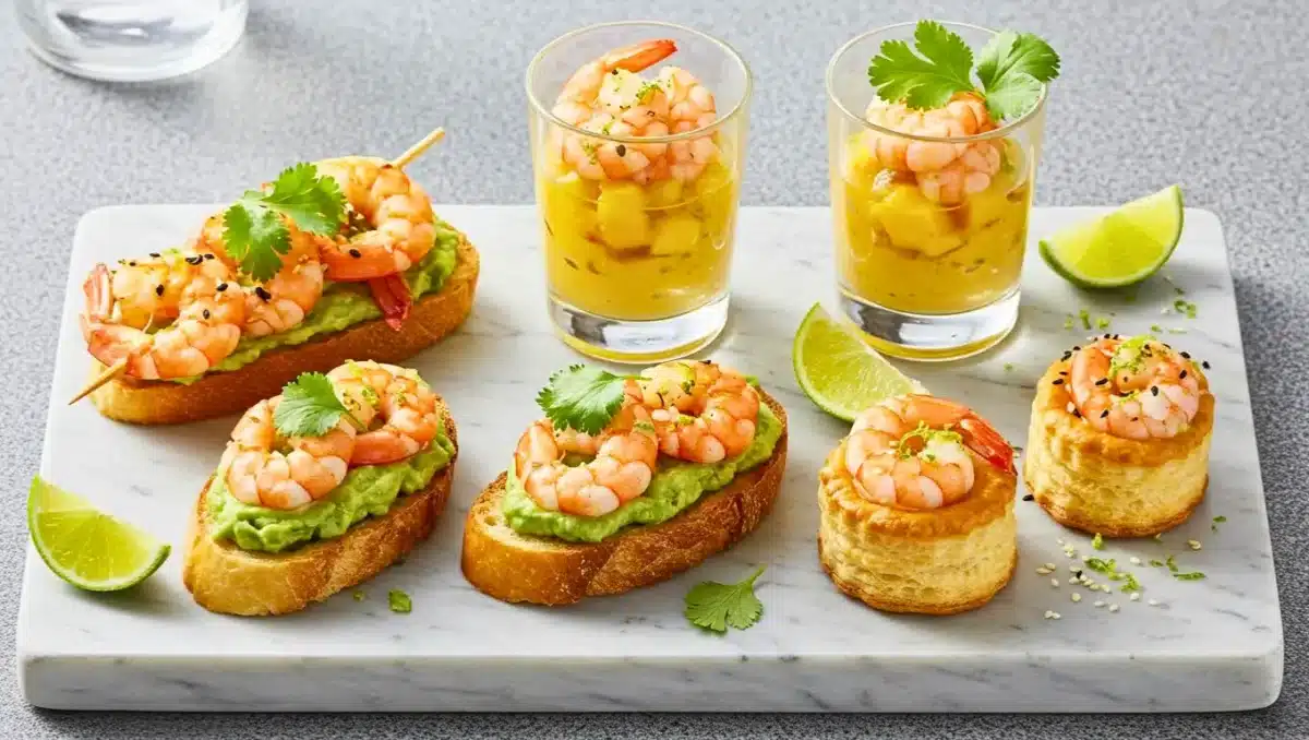 Assortiment de recettes apéritives aux crevettes : tartines avocat, verrines mangue-curry, mini-feuilletés et brochettes citronnées sur un plateau.