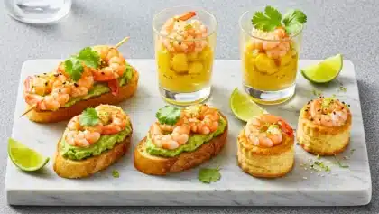 Assortiment de recettes apéritives aux crevettes : tartines avocat, verrines mangue-curry, mini-feuilletés et brochettes citronnées sur un plateau.