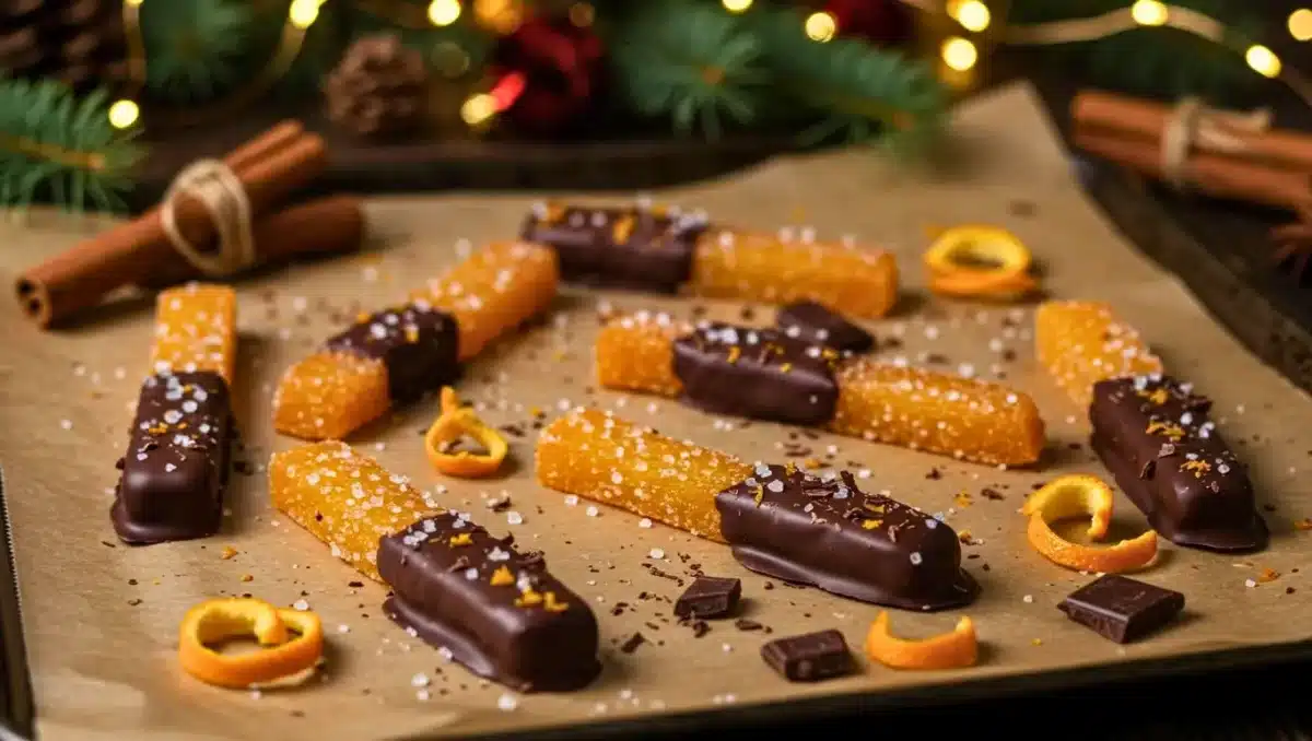 Orangettes maison confites et partiellement enrobées de chocolat noir sur une plaque, décor de Noël