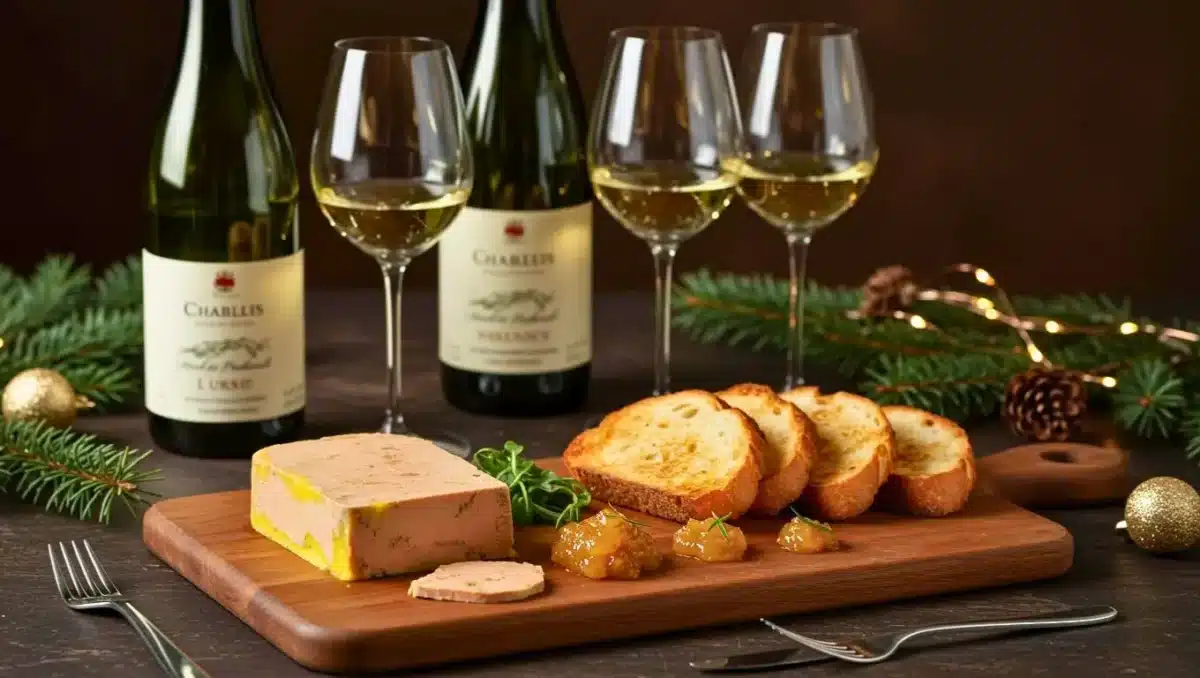 Foie gras servi sur planche avec pain grillé, chutney et verres de vin blanc pour un accord mets et vins de Noël.