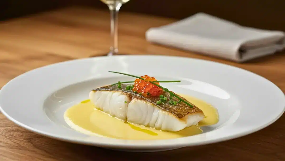 Dos de poisson nappé de beurre blanc sans vinaigre, décoré d’œufs de truite et de ciboulette, présenté dans une assiette blanche élégante.