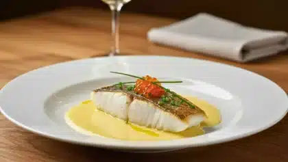 Dos de poisson nappé de beurre blanc sans vinaigre, décoré d’œufs de truite et de ciboulette, présenté dans une assiette blanche élégante.
