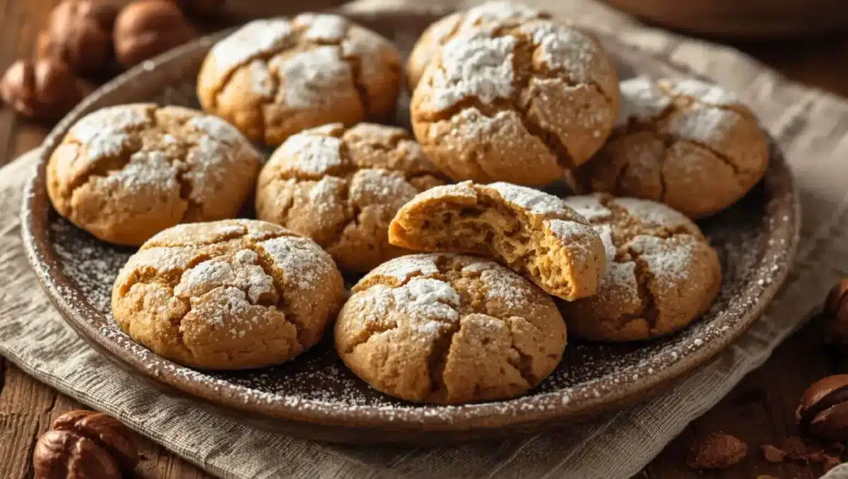 Biscuits à la noisette maison saupoudrés de sucre glace, légèrement fissurés, présentés sur un plat rustique, avec un biscuit ouvert révélant un cœur moelleux.