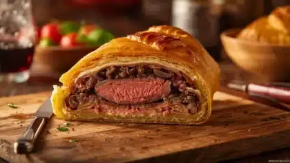 Bœuf Wellington tranché révélant un filet de bœuf rosé entouré de duxelles de champignons et de jambon de Parme, enveloppé dans une pâte feuilletée dorée.